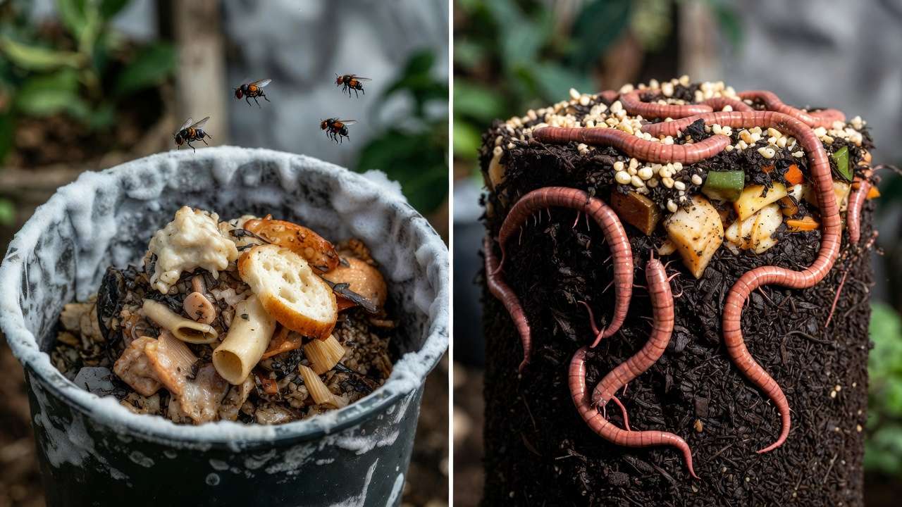 Before and after comparison of worm bin mistakes vs healthy feeding with red wigglers