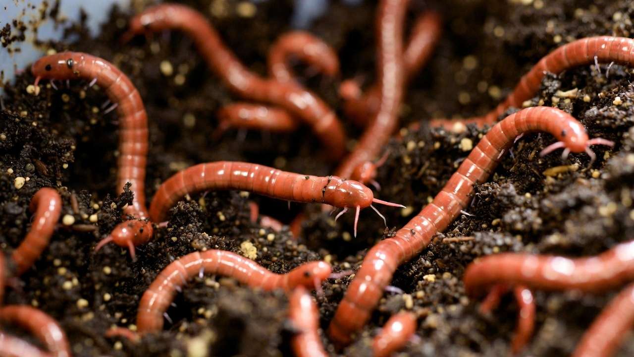 Close-up of healthy red wigglers in perfectly balanced worm castings
