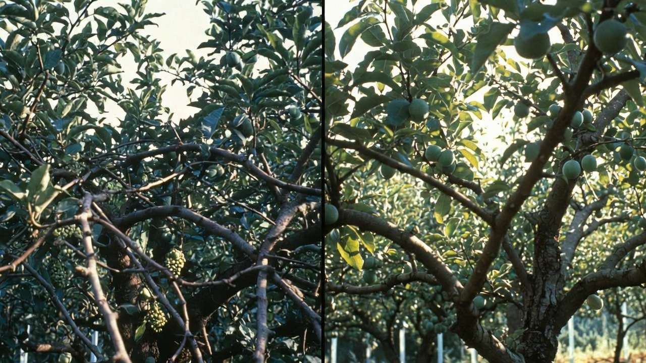 Before and after pruning comparison: crowded vs properly spaced fruiting branches on a fruit tree for improved health and yield