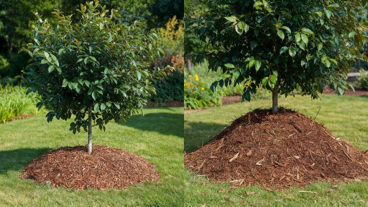 Proper vs improper tree mulching comparison: correct flat mulch ring versus harmful volcano mulching against trunk