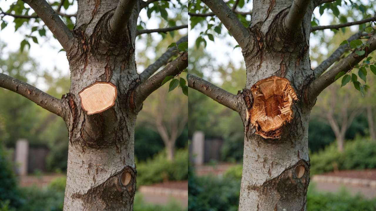 Comparison of correct vs incorrect tree pruning cuts affecting healing time