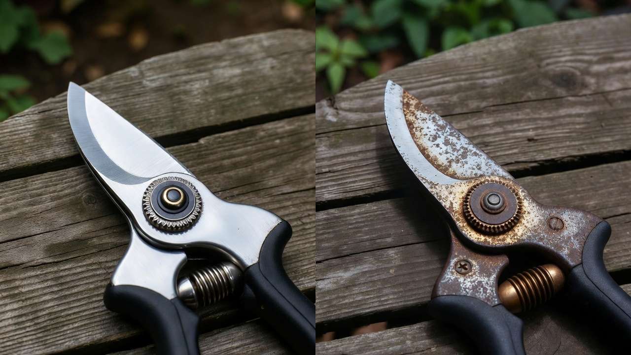 Comparison of properly maintained clean pruning shears versus corroded rusty ones due to poor sterilization practices.