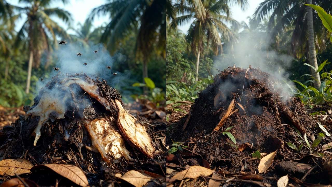 Before and after comparison: smelly anaerobic compost pile vs healthy balanced compost pile in tropical garden