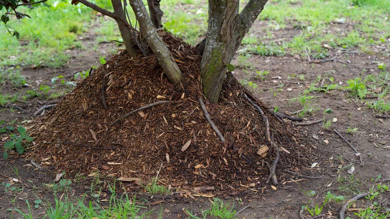 Example of volcano mulching mistake piled against tree trunk leading to rot and girdling roots in tree care.