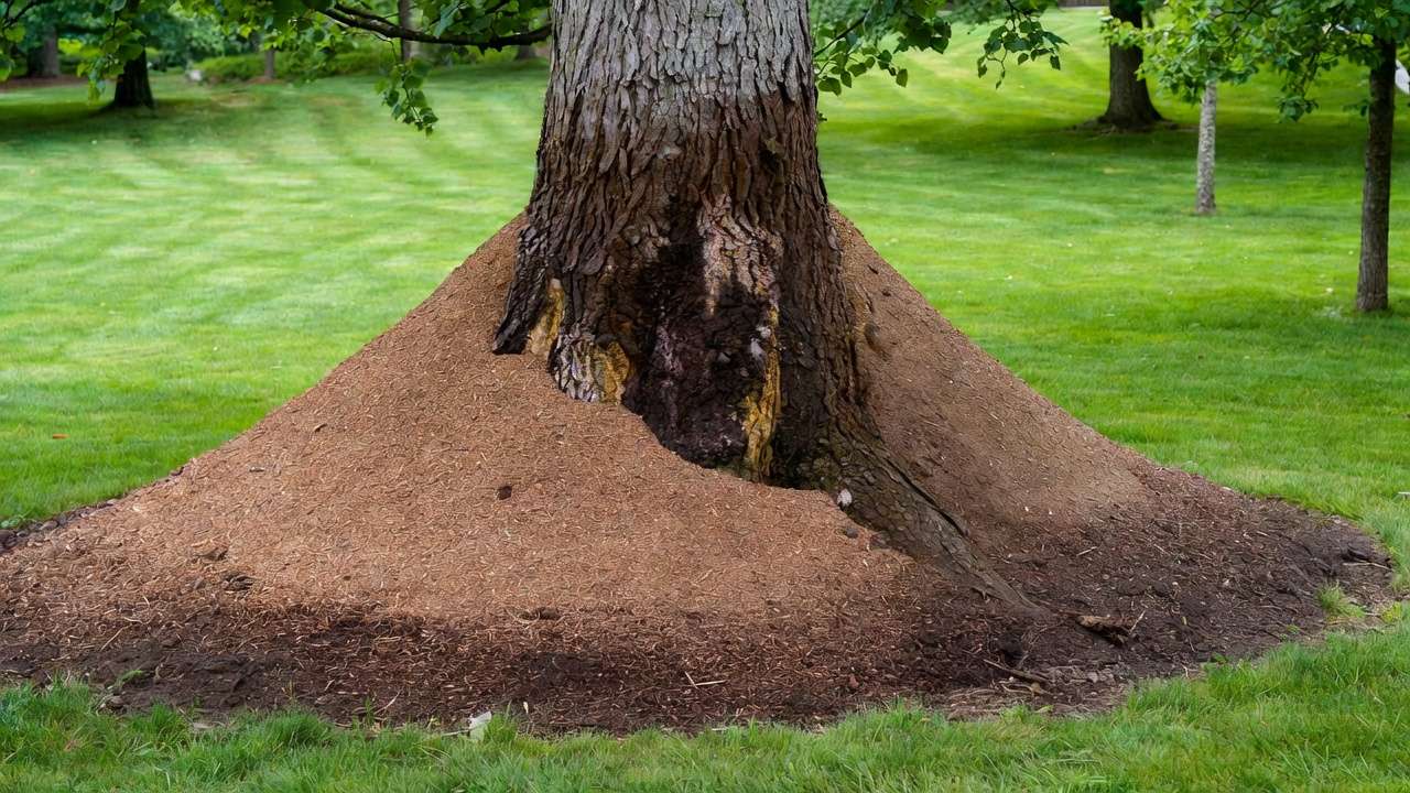 Incorrect volcano mulching piled against tree trunk causing potential rot – common topdressing mistake to avoid
