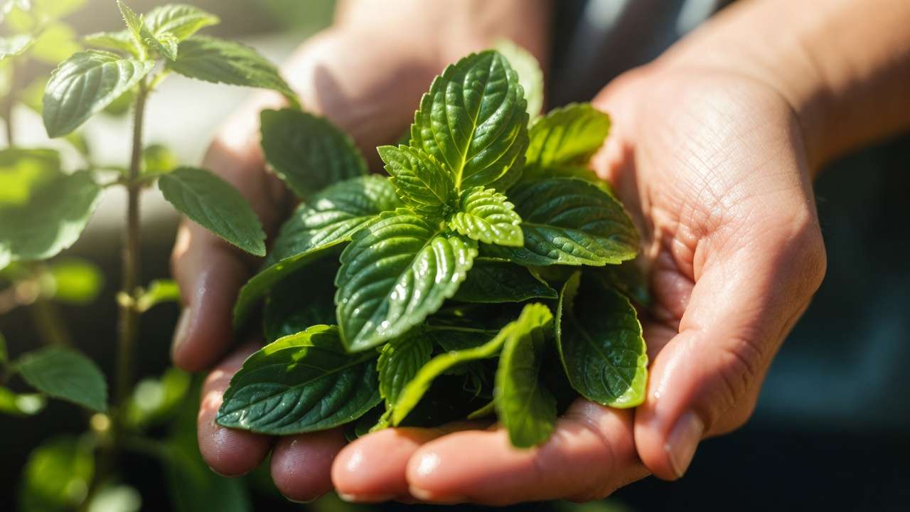 Hands crushing fresh basil or lemon balm leaves to release natural mosquito-repelling oils