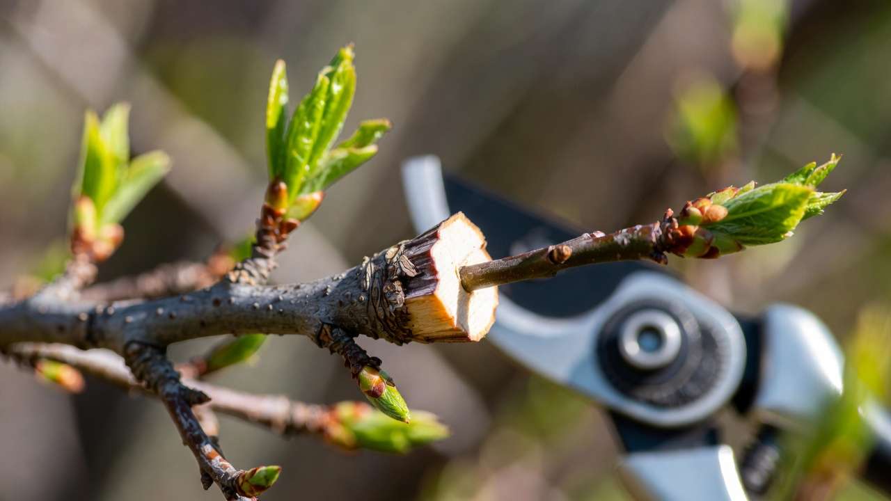 Close-up of correct angled pruning cut on tree branch at collar with outward-facing bud