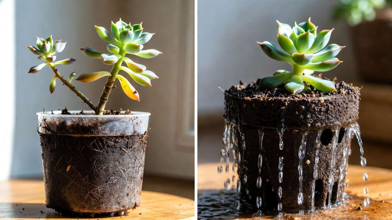 Bad vs good cactus succulent soil comparison: root rot in compacted soil versus healthy plant in fast-draining gritty mix