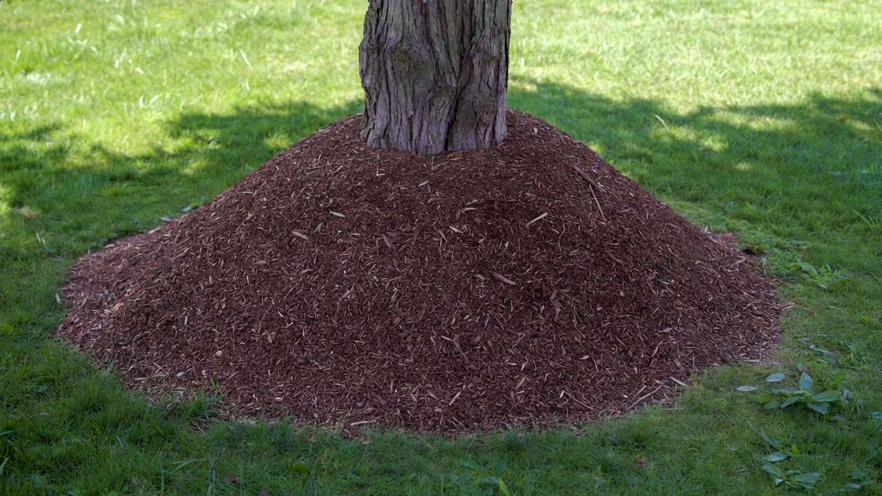 Incorrect volcano mulching piled against tree trunk showing common mistake that harms tree health