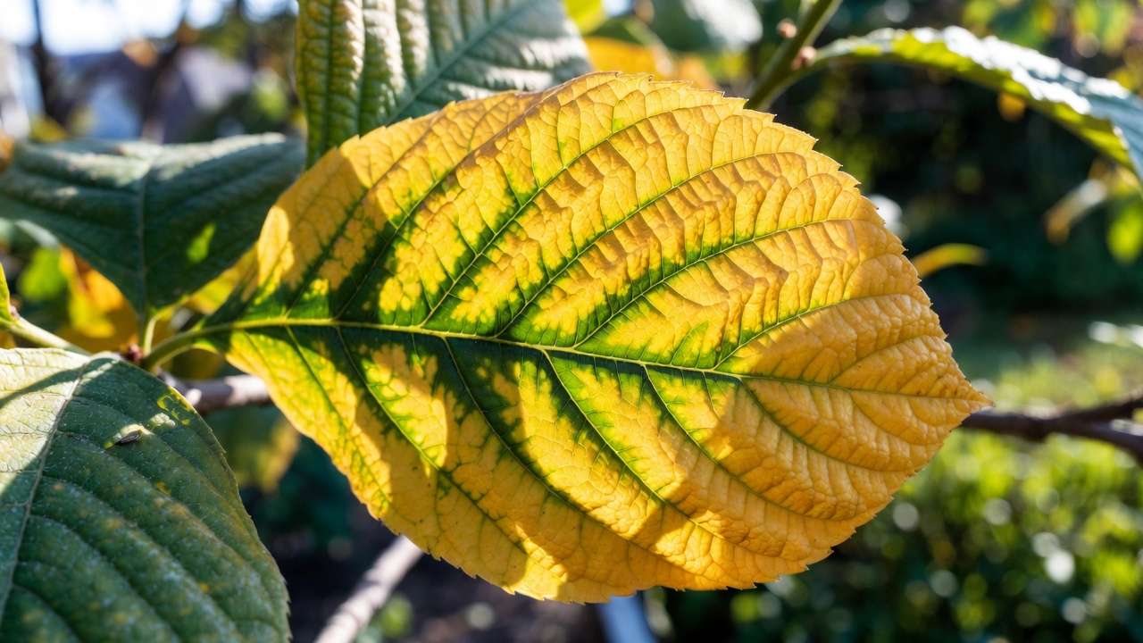 Close-up of tree leaf with iron deficiency chlorosis showing yellow interveinal areas and green veins