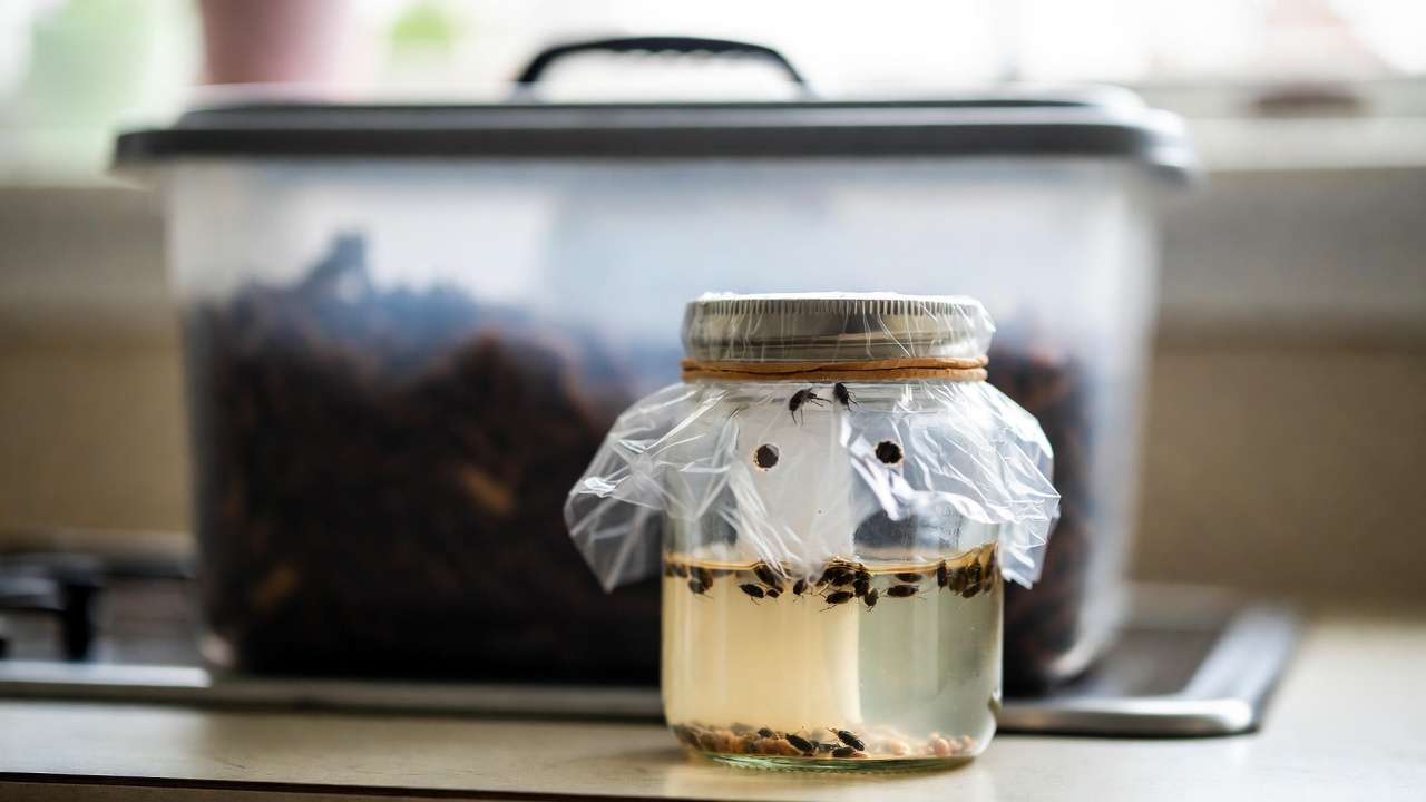 DIY fruit fly trap placed near home worm compost bin to solve common pest issue