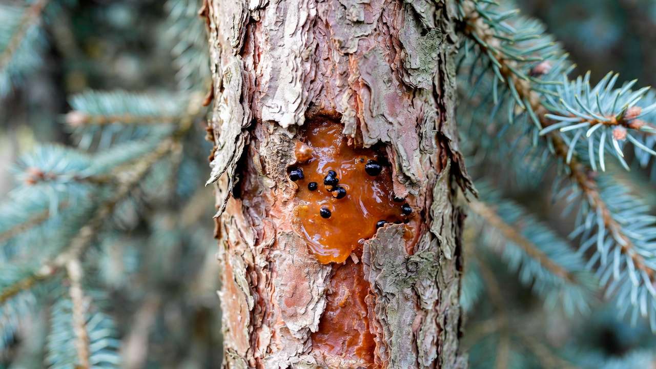 Cytospora canker on spruce tree bark showing resin-soaked sunken lesions and black pycnidia, common fungal type.