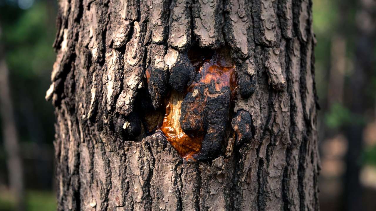 Close-up of tree bark showing sunken cankers and oozing resin for identification