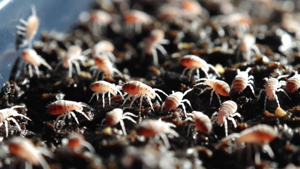Macro view of white and red mites on moist worm bin bedding showing common vermicompost pest.