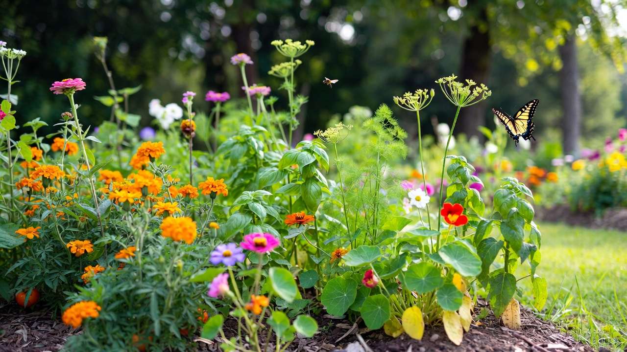 Companion planting with marigolds protecting tomatoes, basil, dill, and zinnias attracting butterflies and beneficial insects in an eco-friendly garden