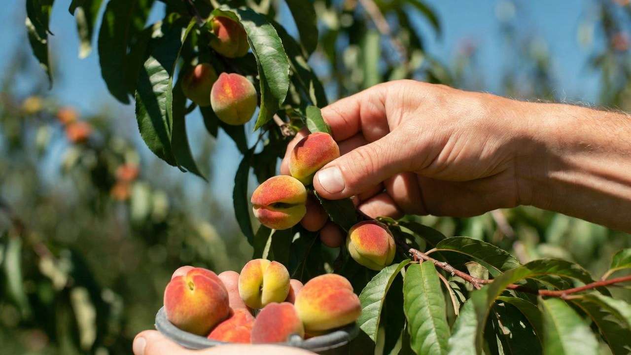 Hand thinning peach fruits to reduce competition and promote larger fruit size after pruning