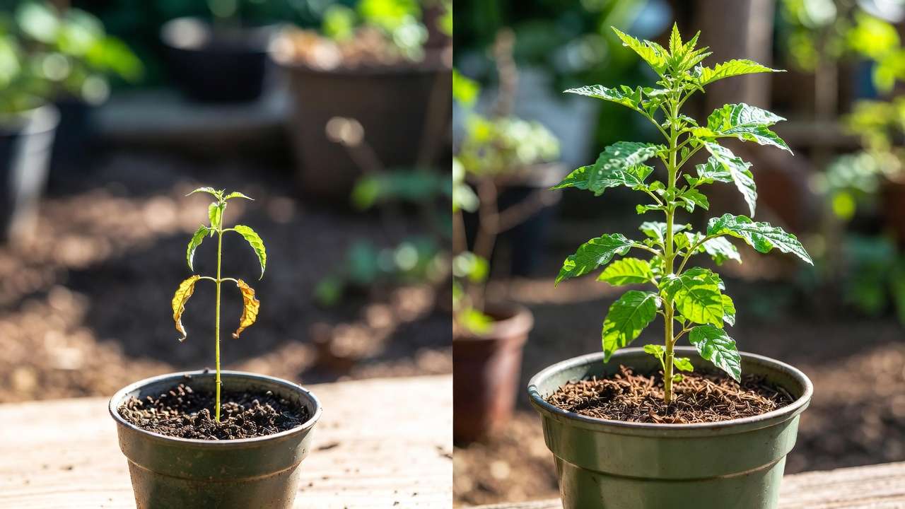 Before-and-after plant growth comparison: weak seedling in regular soil vs. tall healthy plant grown with homemade compost.