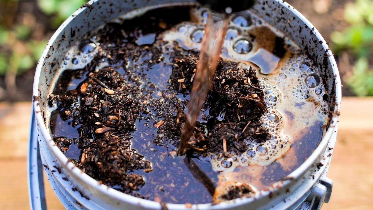 Brewing aerated compost tea from finished compost in a bucket for liquid feeding potted plants