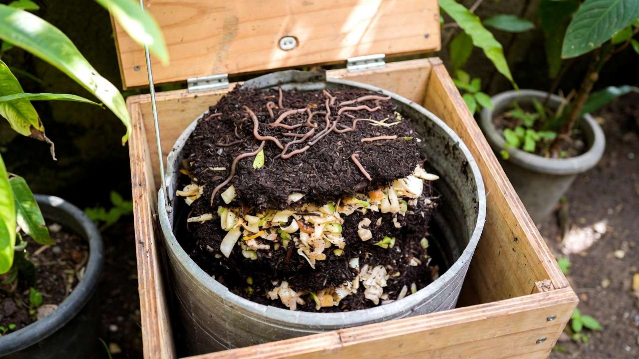 Small space composting tumbler bin rich soil earthworms kitchen scraps leaves organic recycling for healthy garden biodiversity