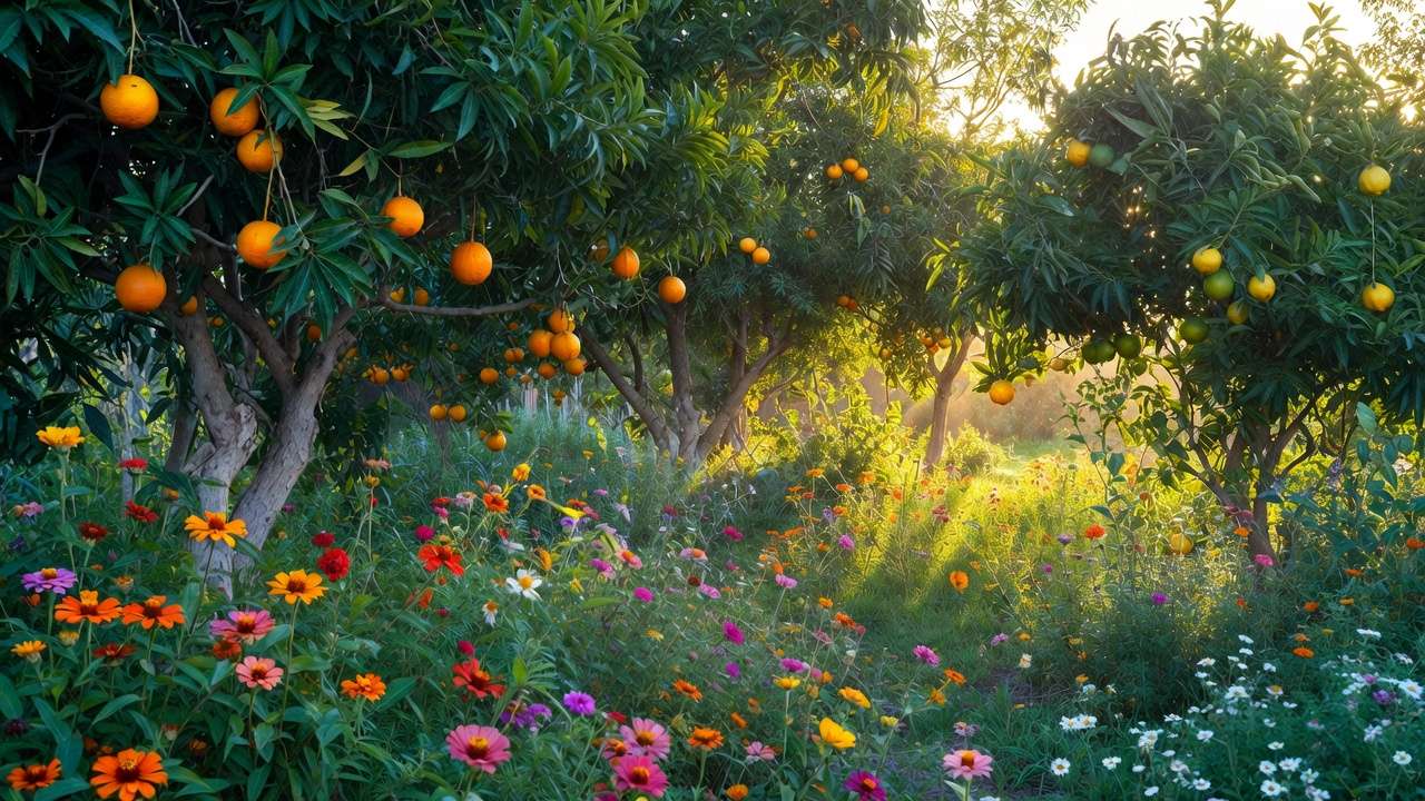 Thriving tropical garden and orchard with healthy fruit trees, pollinators, and beneficial insects in perfect balance