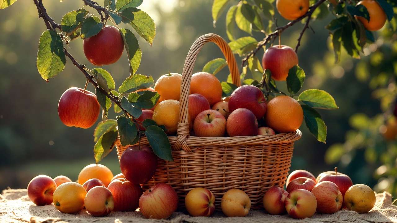 Abundant harvest of ripe fruit from healthy fertilized fruit trees in basket