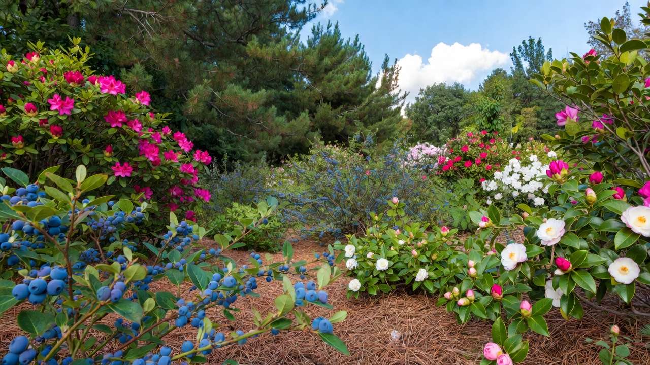Successful garden border of blueberries rhododendrons and camellias using homemade ericaceous compost