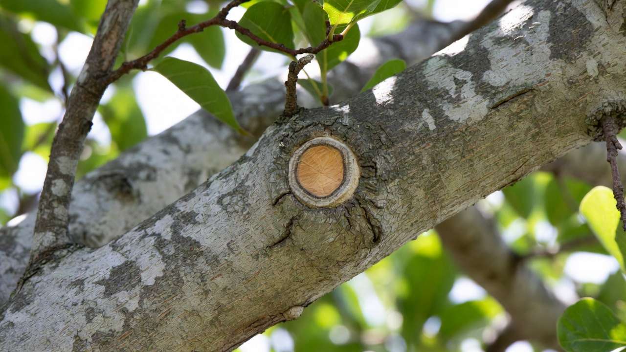 Successfully healed 45-degree pruning cut on tree branch showing strong natural callus formation