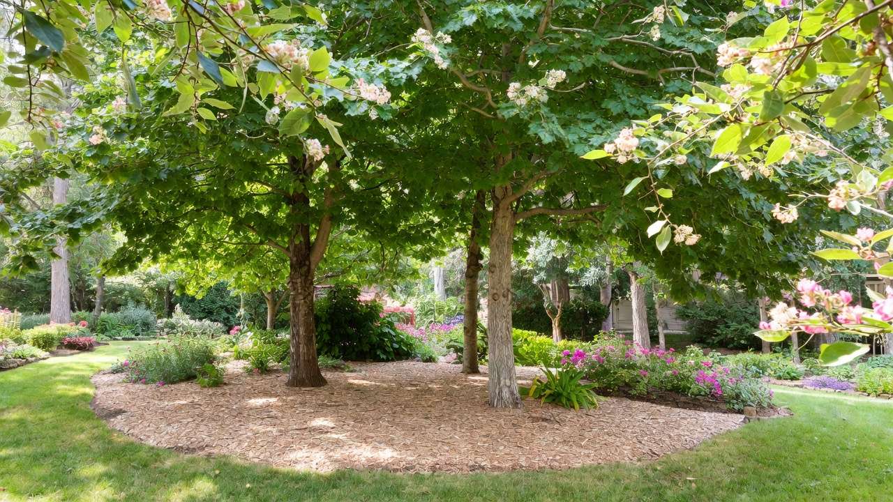 Healthy thriving trees with proper seasonal mulch application showing enhanced growth and year-round resilience in landscape.