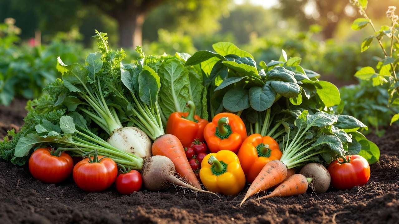 Bountiful organic vegetable harvest from a garden using balanced bone meal and blood meal fertilization
