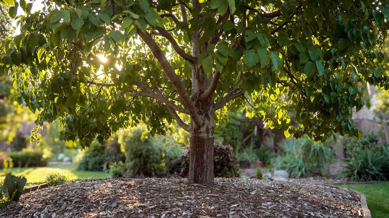Thriving mature tree with healthy trunk bark after successful long-term sunscald prevention