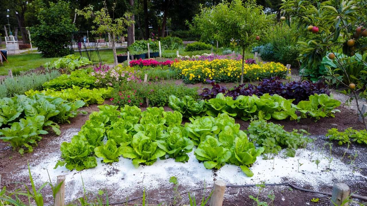 Healthy organic garden protected with natural diatomaceous earth pest control methods
