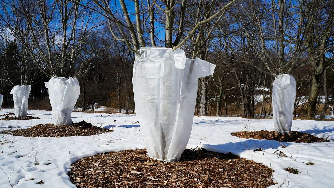 Young trees wrapped in white breathable material for winter sunscald protection with proper mulched bases