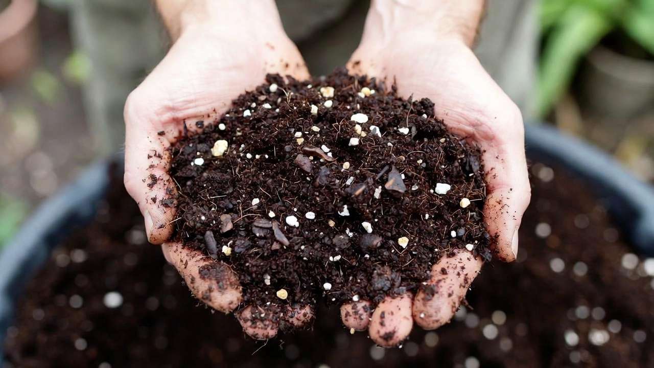 Close-up of moist soil blend with coconut coir, vermiculite, compost, and perlite for water retention in gardening.