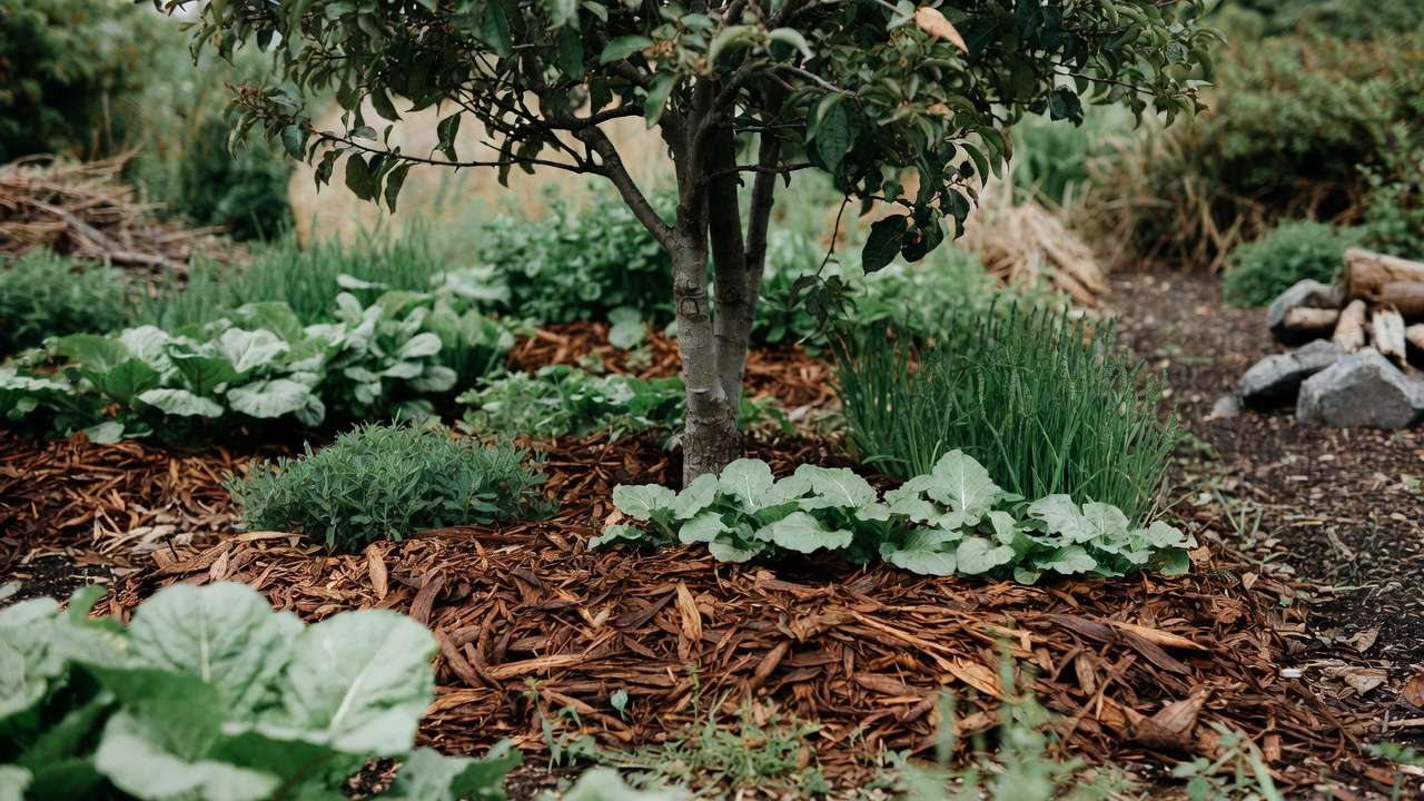 Mulch rock pile and log brush habitat setup attracting ground and rove beetles in garden