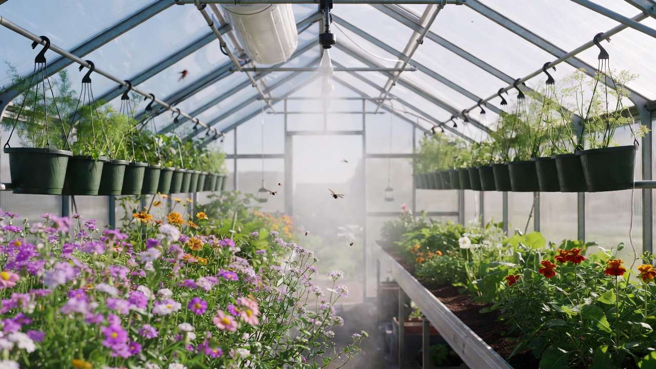Greenhouse environment with banker plants, flowering companions, and humidity support for beneficial insects