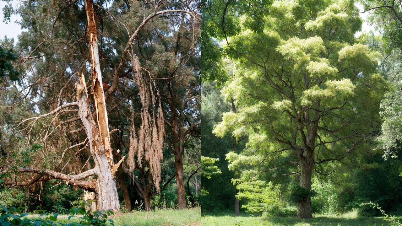 Before and after storm damage pruning: damaged tree on left restored to healthy balanced canopy on right