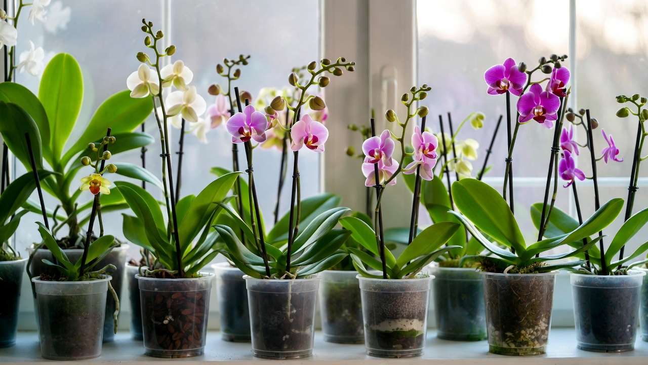 Collection of thriving orchids in customized homemade potting mixes, showing variations for different types and climates