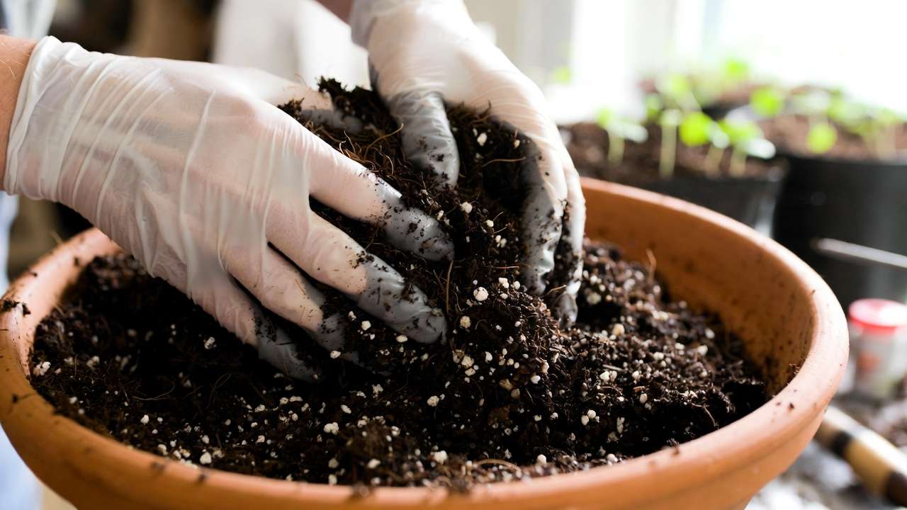 Hands mixing DIY peat-free potting mix with coconut coir, compost, and perlite for sustainable houseplants and containers