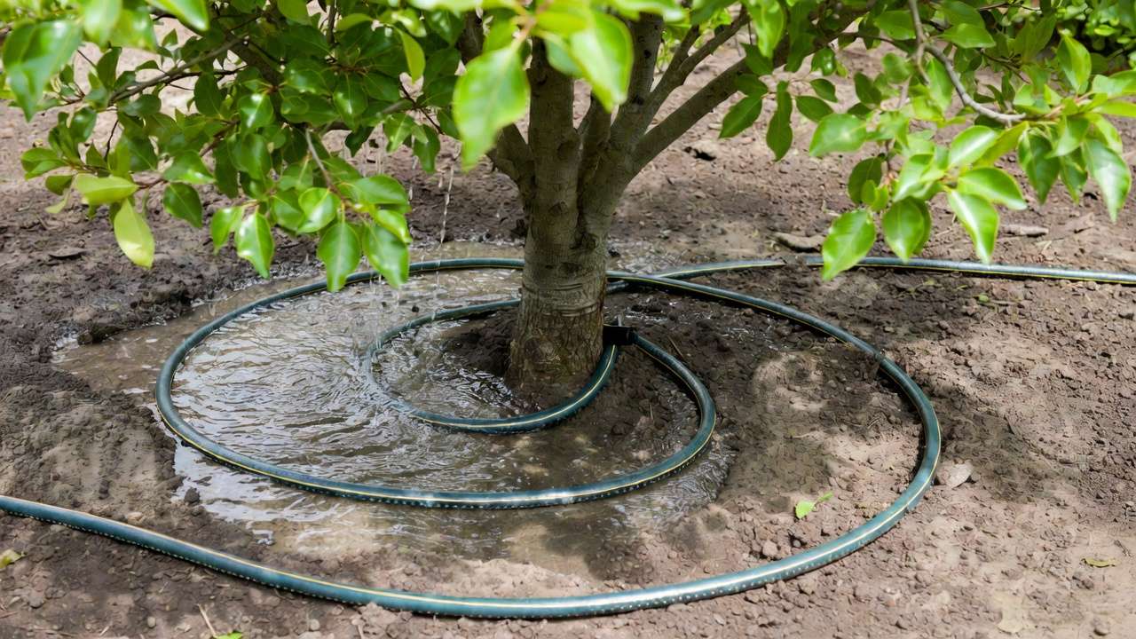 Deep slow watering of a tree with soaker hose at drip line to revive a dying tree and encourage deep roots