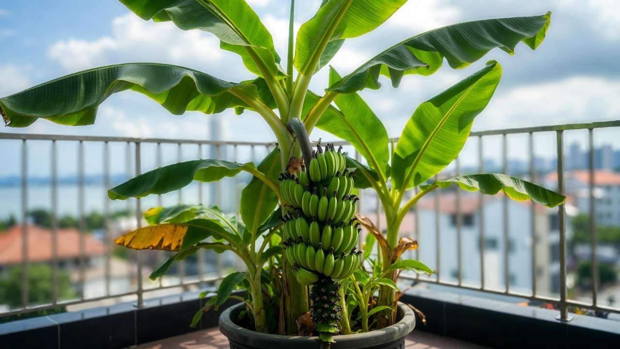 Dwarf banana plant in pot with fruit bunch thriving in urban balcony settin
