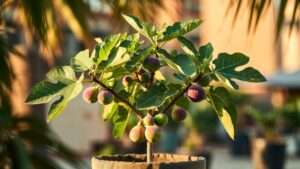 Productive dwarf fig tree in container with ripe figs for small space urban gardening