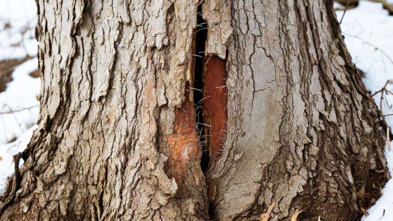 Close-up of sunscald damage showing cracked, peeling, and discolored bark on a tree trunk in spring