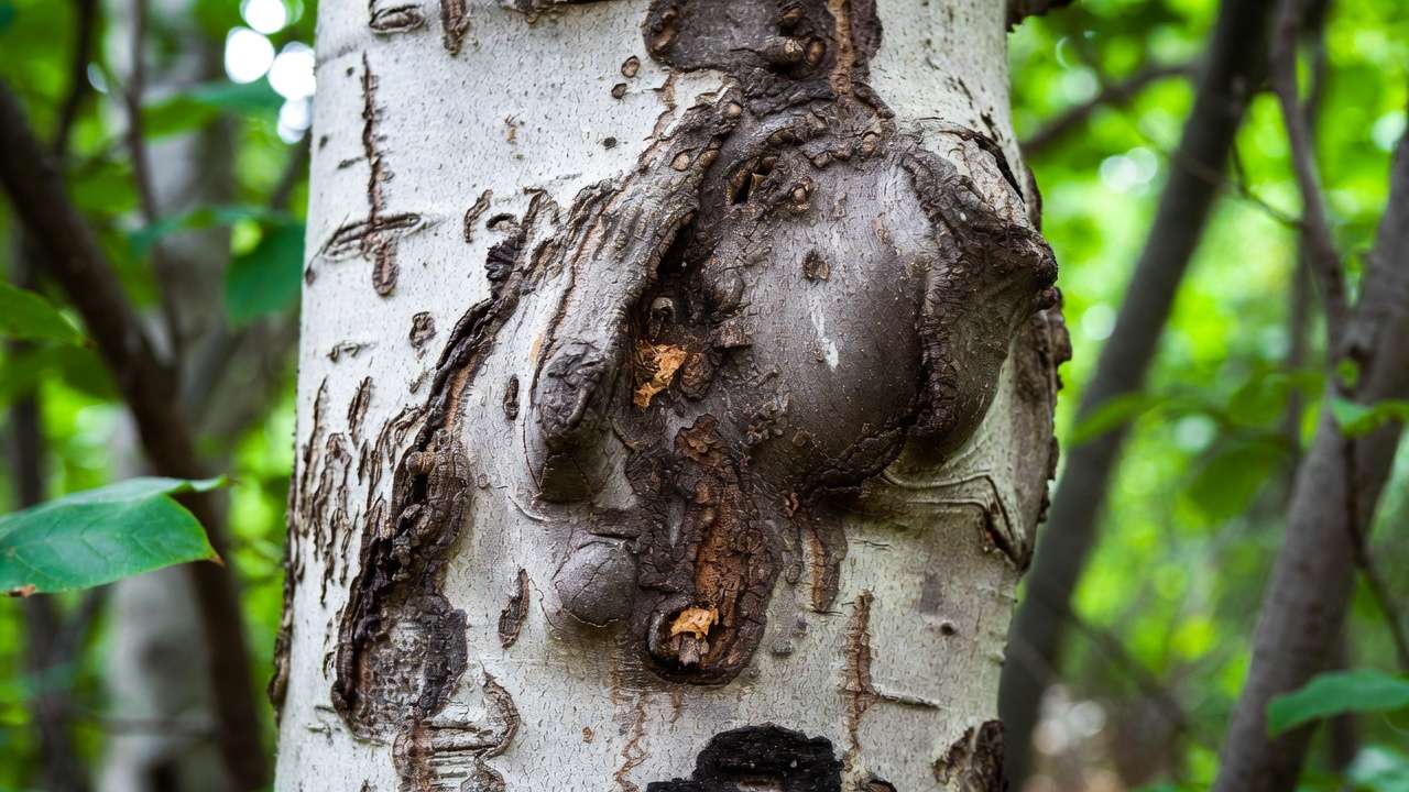 Close-up of sunken, cracked cankers on tree bark with oozing resin and peeling edges, showing early to advanced symptoms on trunk.