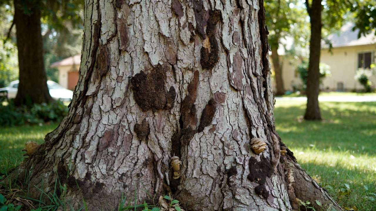 Close-up of tree trunk showing early signs of rot including cracked bark, spongy areas, and small fungal conks for identifying tree trunk rot early