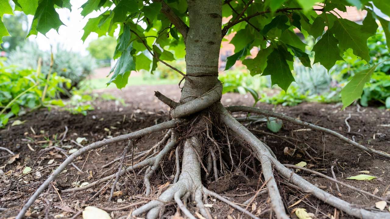 Close-up of tree trunk base affected by girdling roots, showing compressed stem and circling roots with no flare visible.
