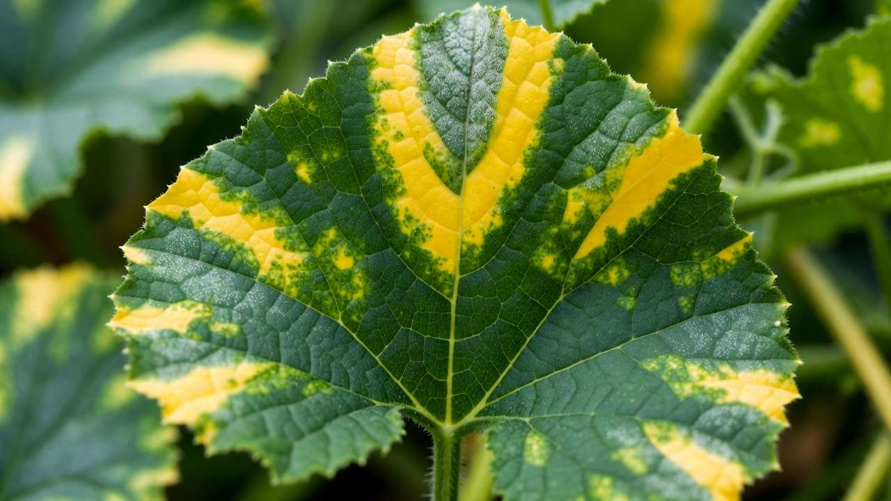 Close-up of cucumber leaf with angular yellow spots indicating early downy mildew infection on upper surface.