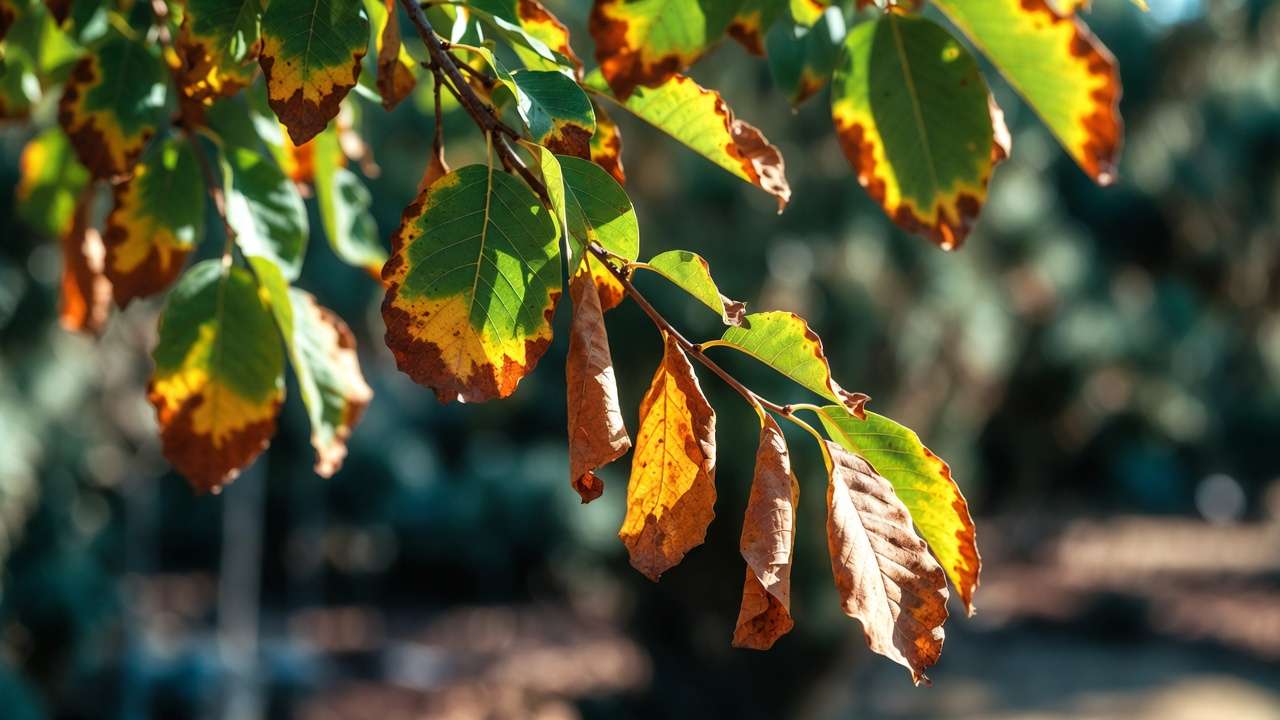 Close-up of tree leaves showing early heat stress signs like scorched edges, curling, and wilting in summer sun.