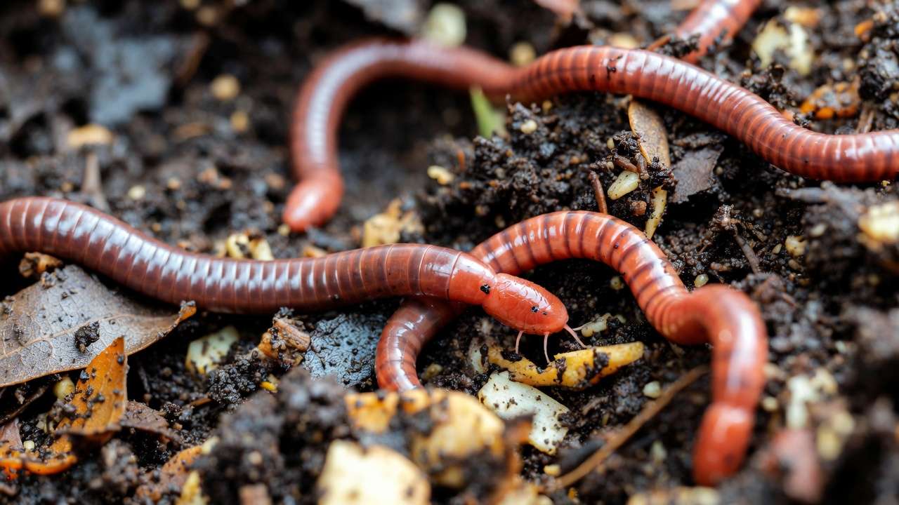 Close-up of red wiggler earthworms thriving in healthy garden compost pil