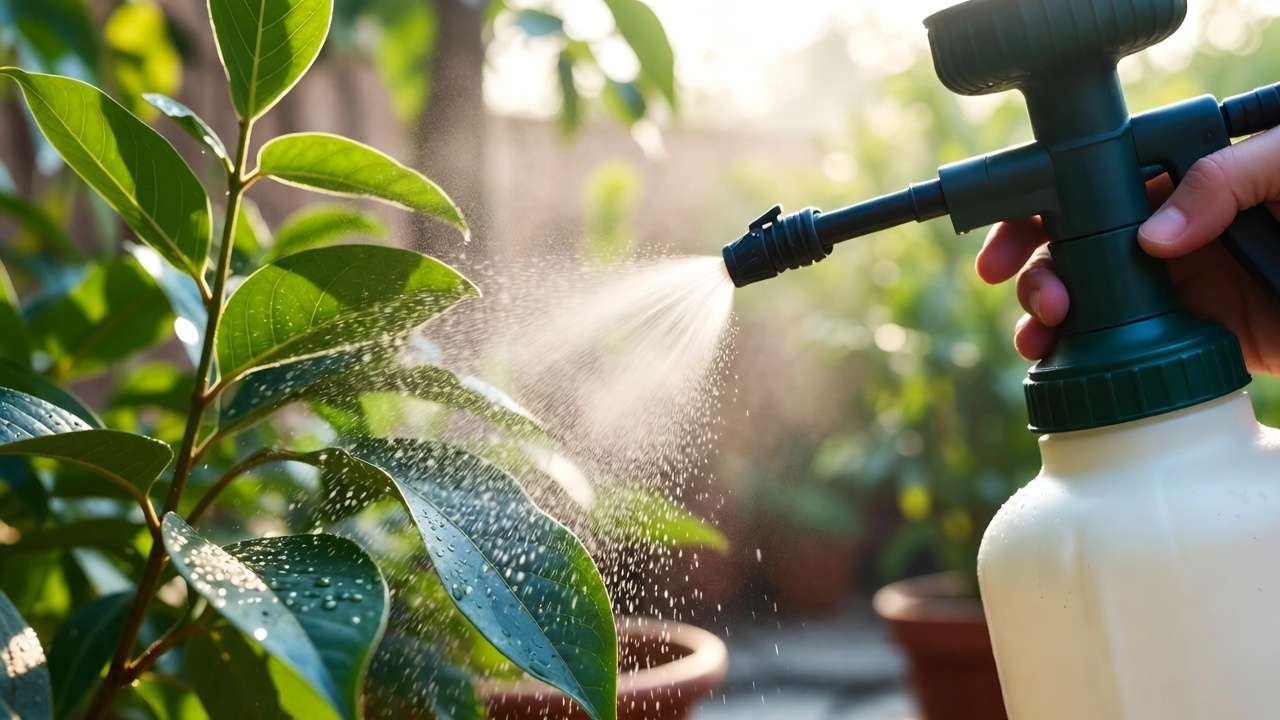 Spraying neem oil fungicide on plant leaves to treat rust disease