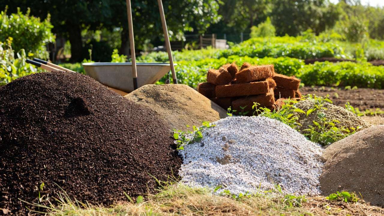 Bulk topsoil, compost, perlite, and coco coir piles ready for batch mixing soil in large gardens